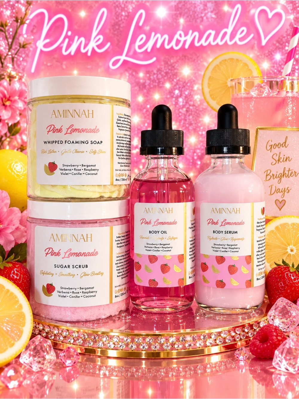 Aminnah Pink Lemonade Sugar Scrub, Foaming Soap, Body Oil & Serum